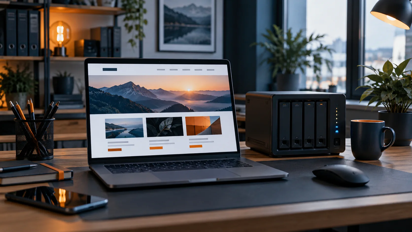 Laptop z projektem strony WWW obok serwera NAS w studiu projektowym