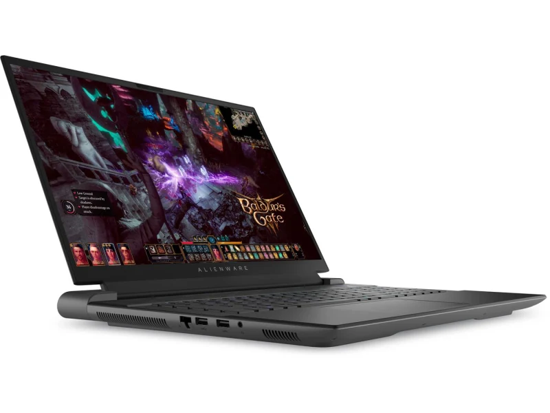Otwarty laptop gamingowy Dell Alienware M18 R1 z widocznymi portami bocznymi