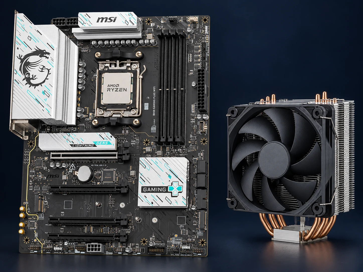 Płyta główna MSI B850 z procesorem Ryzen osadzonym w gnieździe AM5 oraz osobnym chłodzeniem powietrznym obok