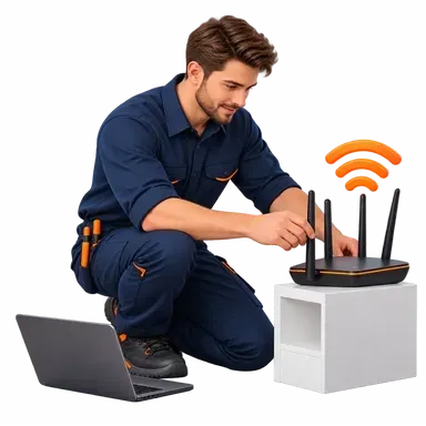 Technik konfiguruje router Wi-Fi u klienta.