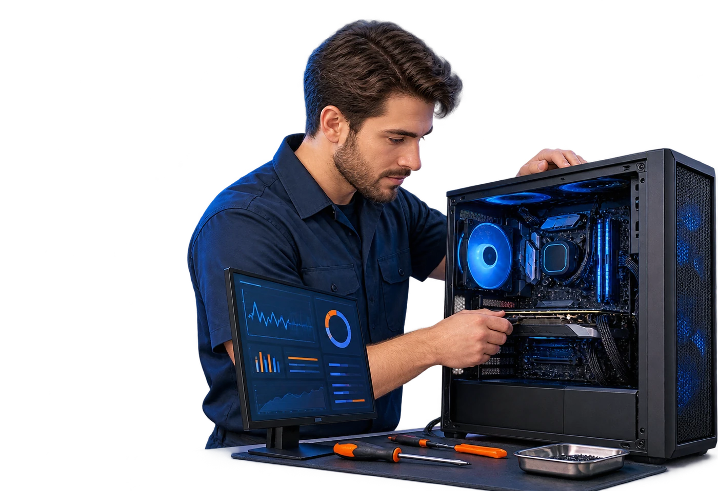 Technik diagnozuje komputer stacjonarny w serwisie RAF-COMP