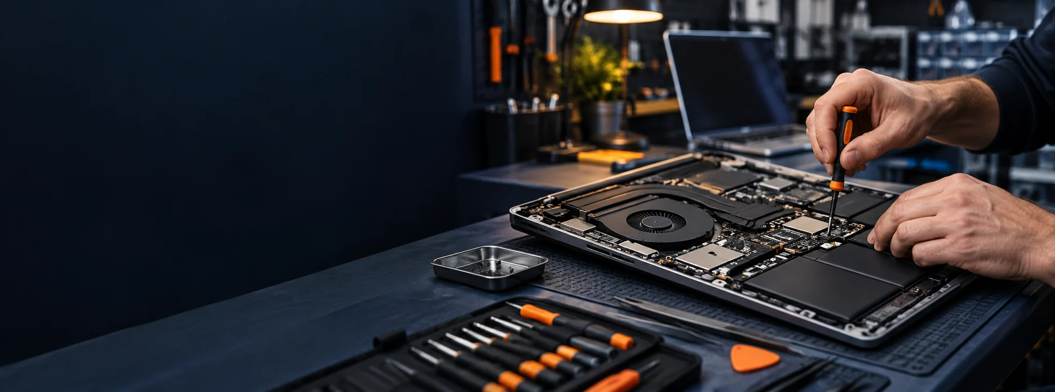 Serwisant diagnozuje otwarty laptop na stanowisku naprawczym