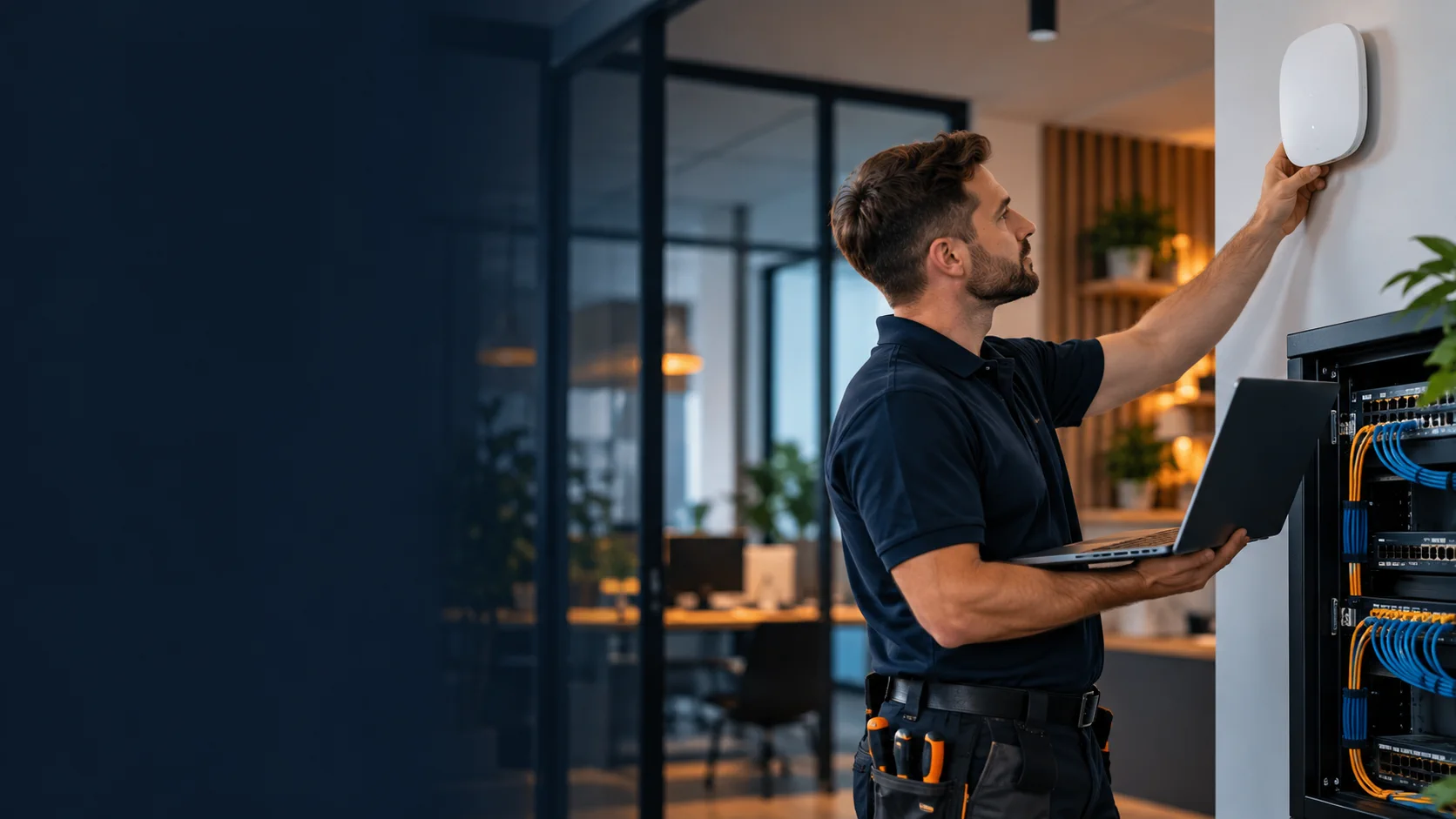 Technik konfiguruje punkt dostępowy Wi-Fi w nowoczesnym biurze