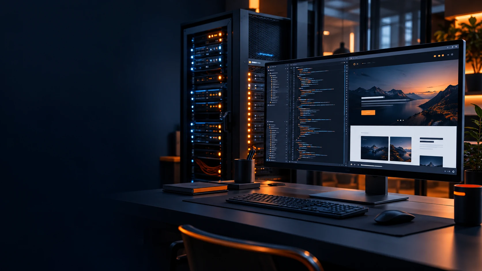 Stanowisko programisty z kodem strony internetowej i serwerami hostingowymi